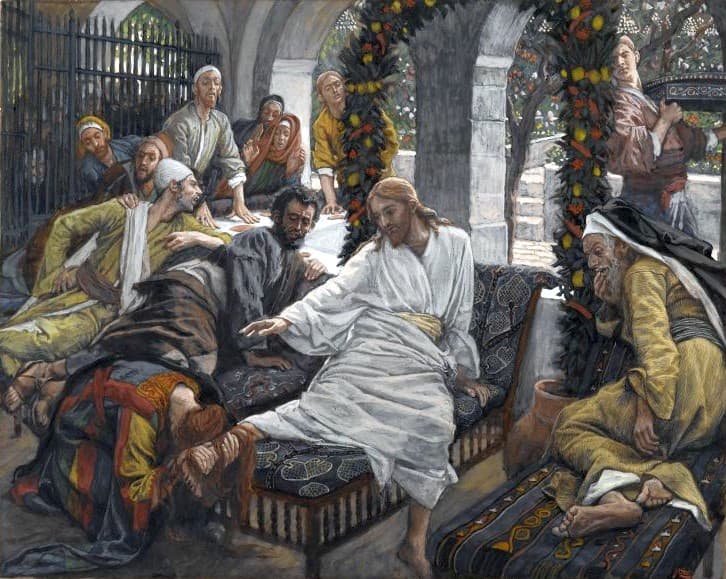 Mary of Bethany pouring the costly perfume on Jesus' feet, under Judas's gaze