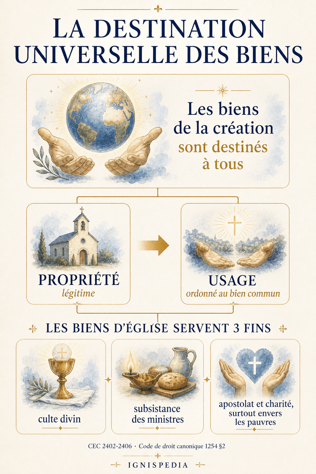Infographie de la destination universelle des biens : propriete legitime, usage ordonne au bien commun, finalites canoniques