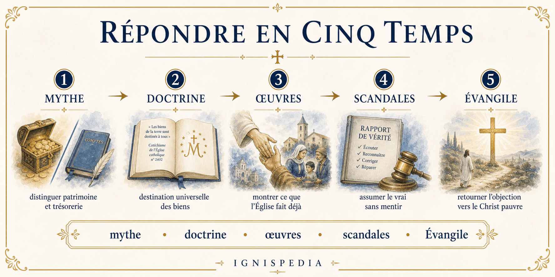 Infographie resumant la methode en cinq temps pour repondre a l'objection de l'argent du Vatican