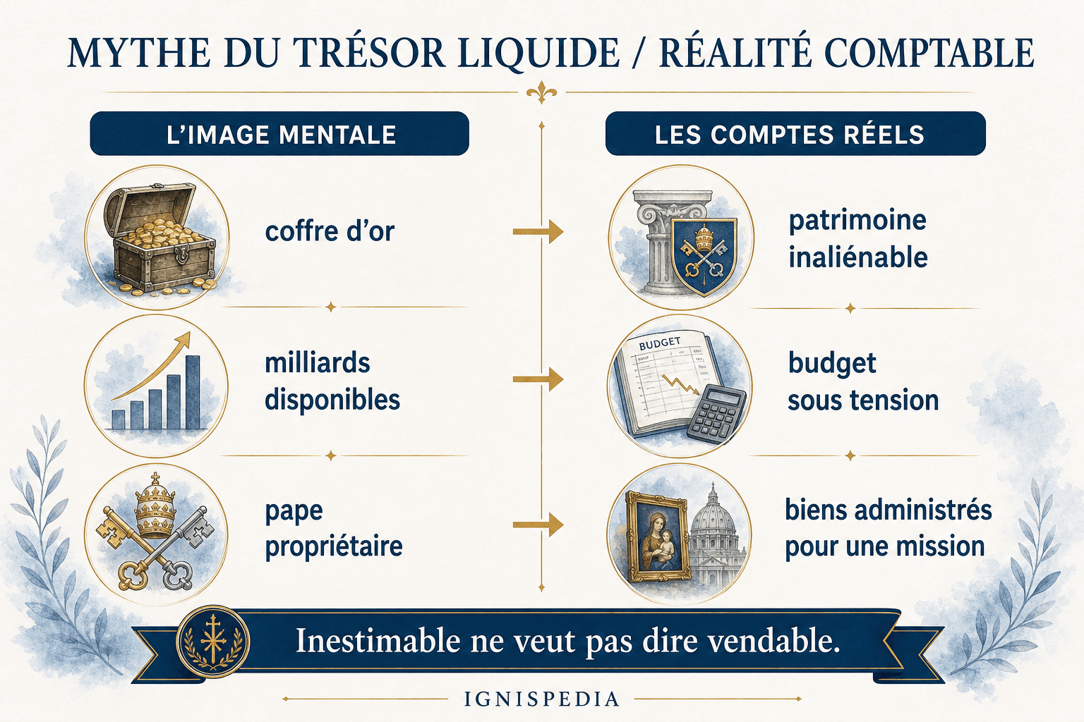 Infographie opposant le mythe du tresor liquide du Vatican a la realite comptable d'un budget deficitaire