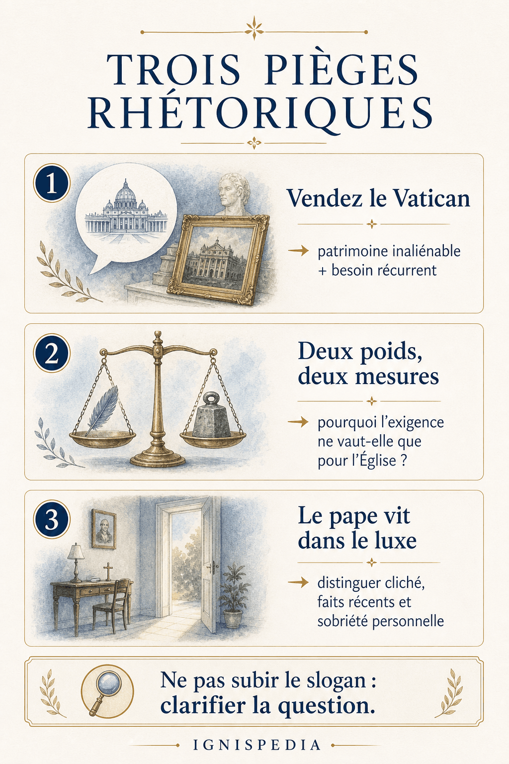 Infographie des trois pieges rhetoriques frequents dans l'objection de l'argent du Vatican