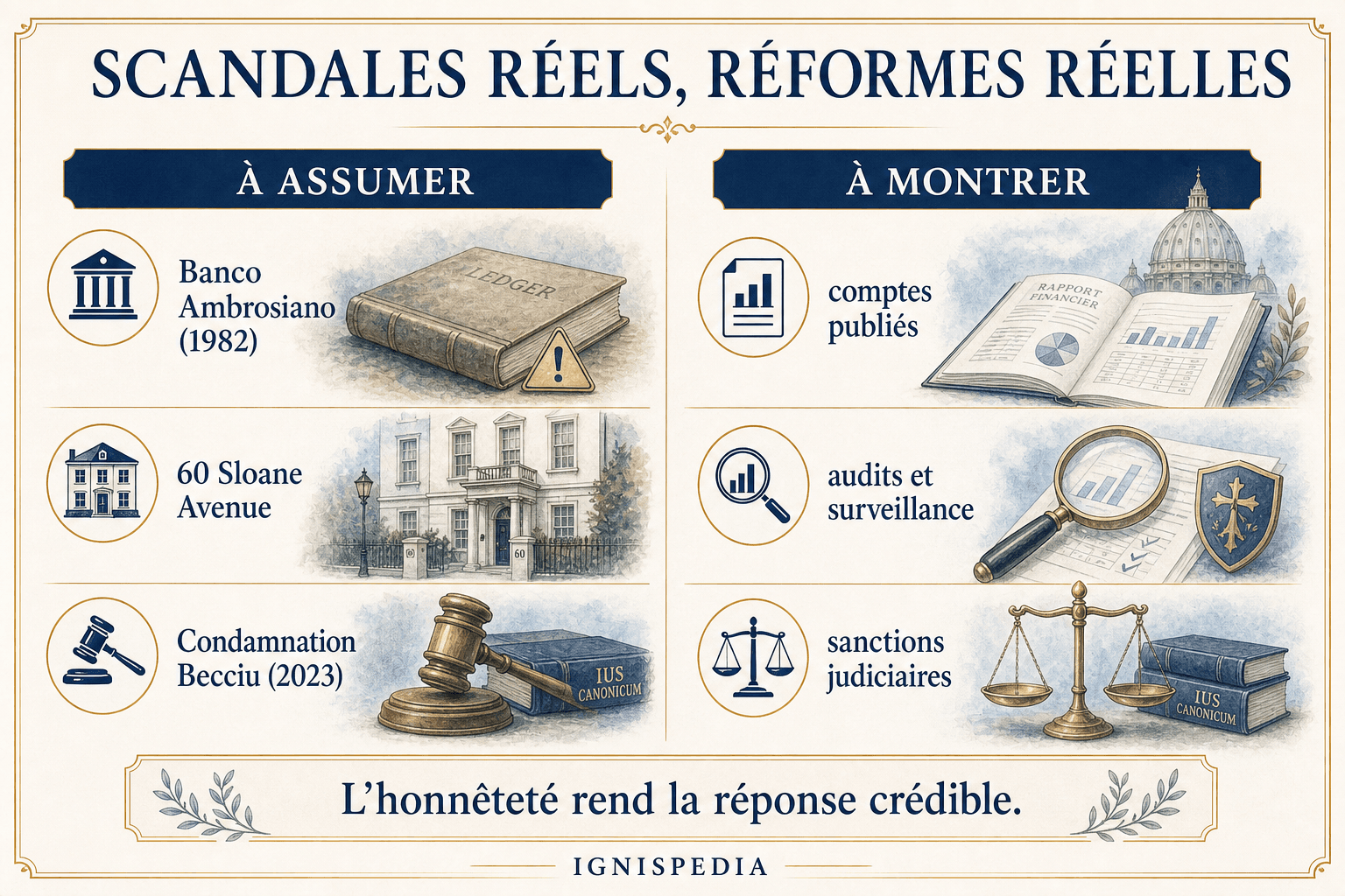 Infographie opposant les scandales financiers reels du Vatican aux reformes de transparence