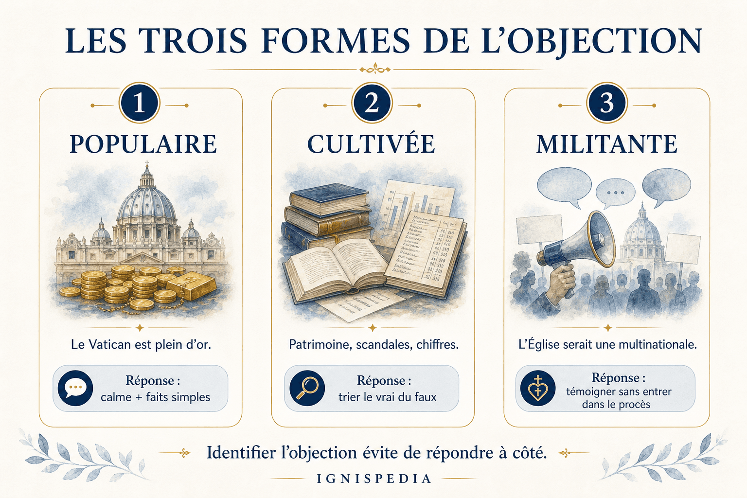 Infographie presentant les trois formes de l'objection de l'argent du Vatican : populaire, cultivee, militante