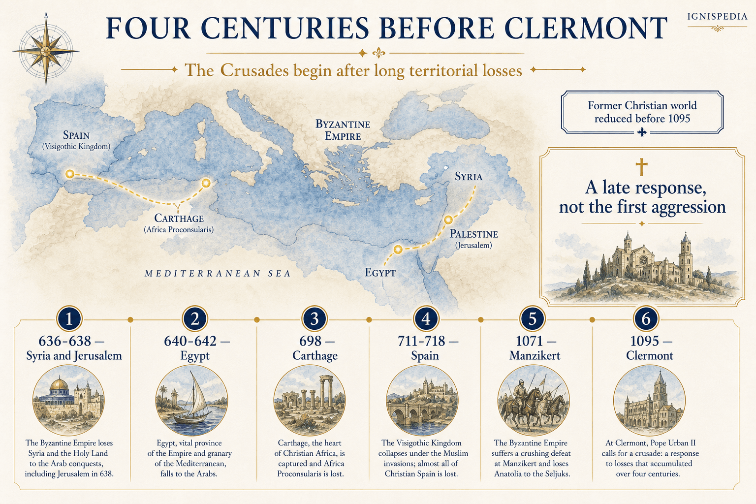 Map and timeline showing four centuries of Islamic conquests over Christian lands before 1095