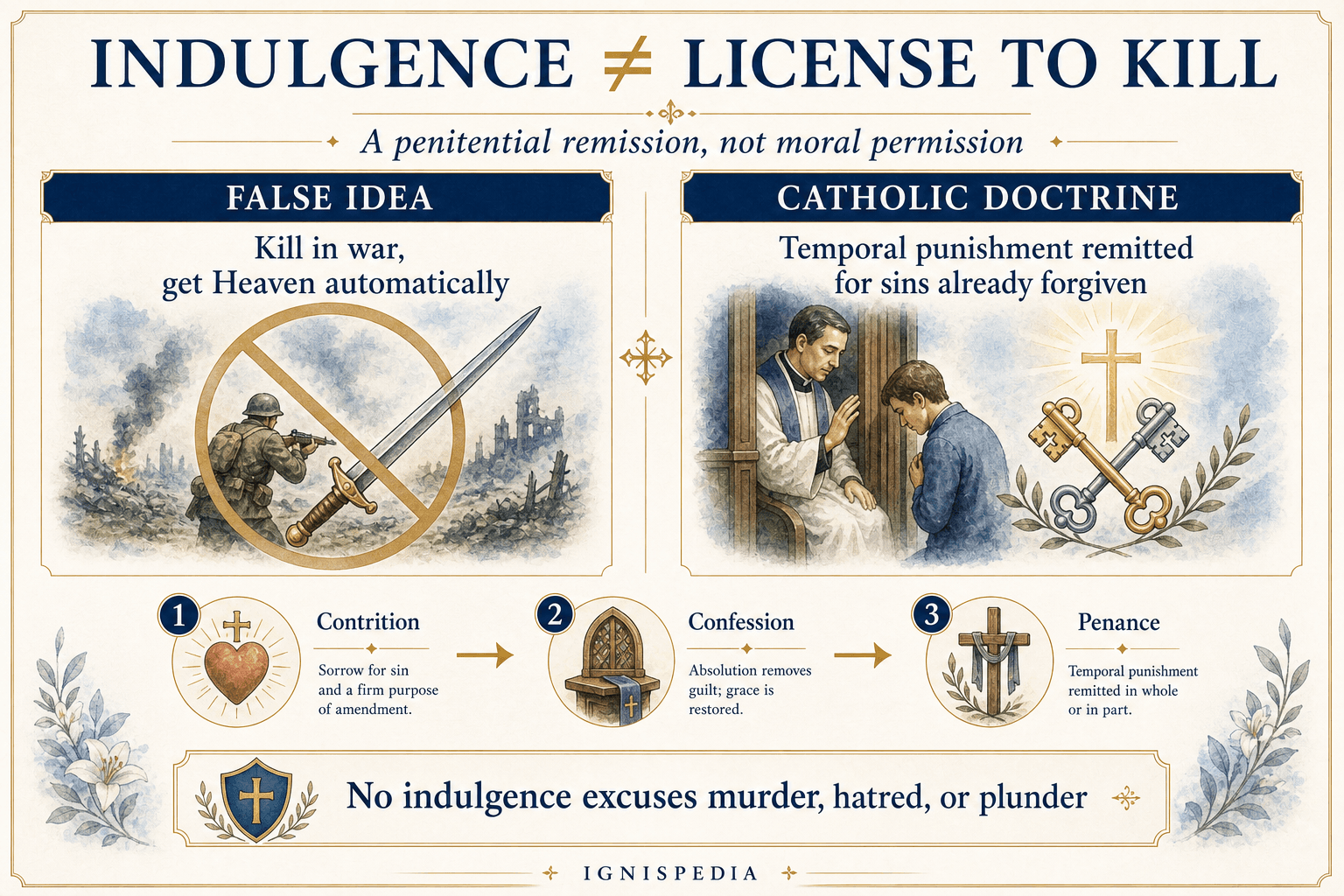 Infographic explaining that an indulgence is not a license to kill but the remission of temporal punishment