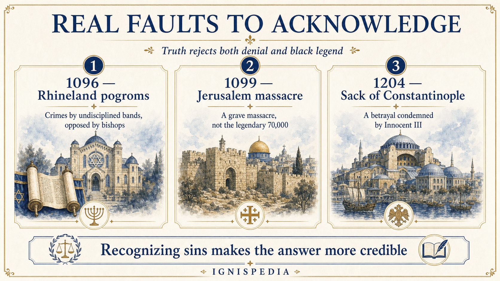 Infographic presenting three real faults to acknowledge in the history of the Crusades: 1096, 1099, and 1204