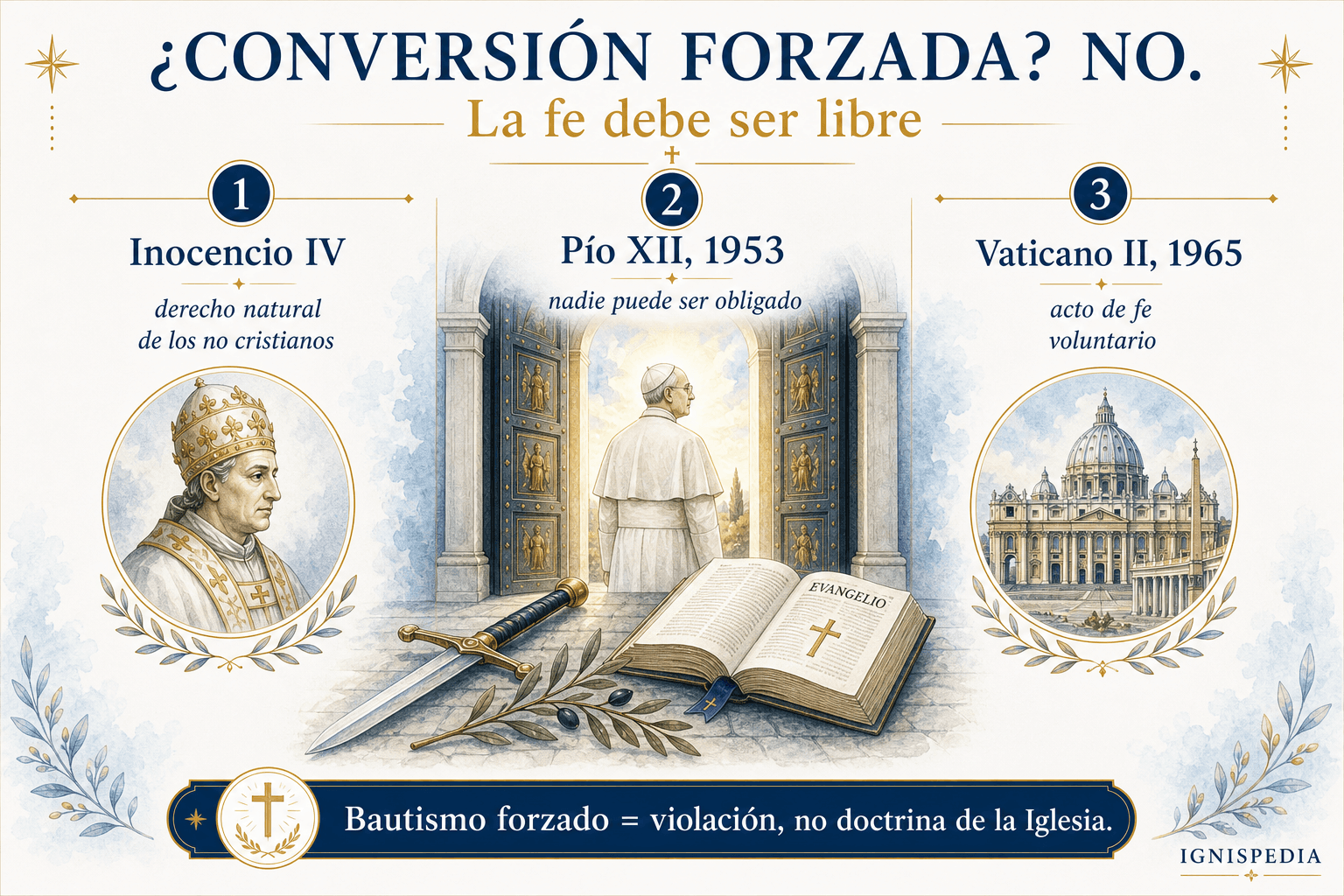 Infografía que muestra la continuidad doctrinal de la Iglesia contra la conversión forzada