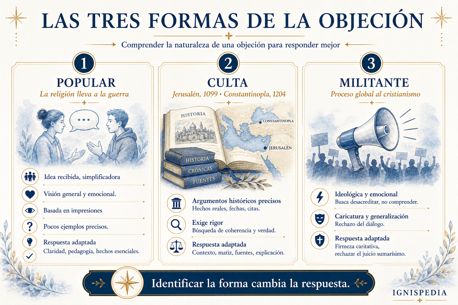 Infografía que presenta las tres formas de la objeción de las cruzadas: popular, culta y militante