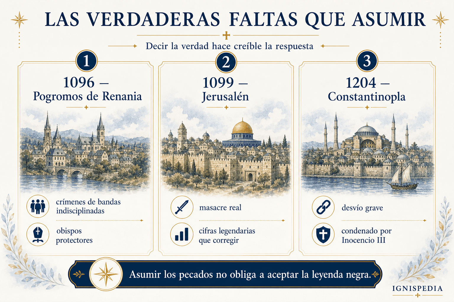 Infografía que resume las faltas reales que se deben asumir: pogromos de 1096, Jerusalén 1099 y Constantinopla 1204