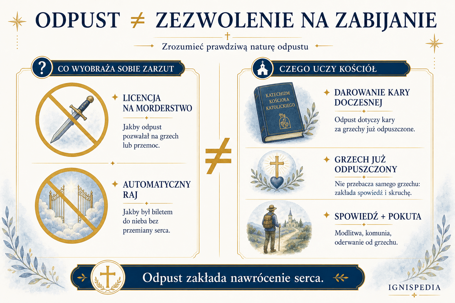 Infografika wyjaśniająca, że odpust nie jest zezwoleniem na zabijanie, lecz darowaniem kary doczesnej