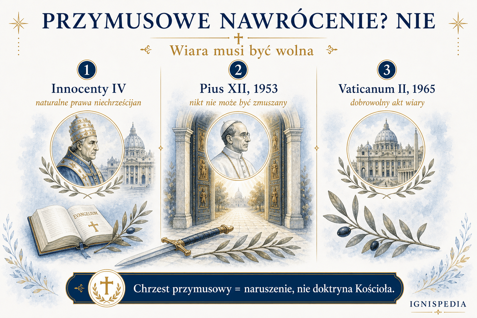 Infografika pokazująca ciągłość doktryny Kościoła przeciw przymusowemu nawracaniu