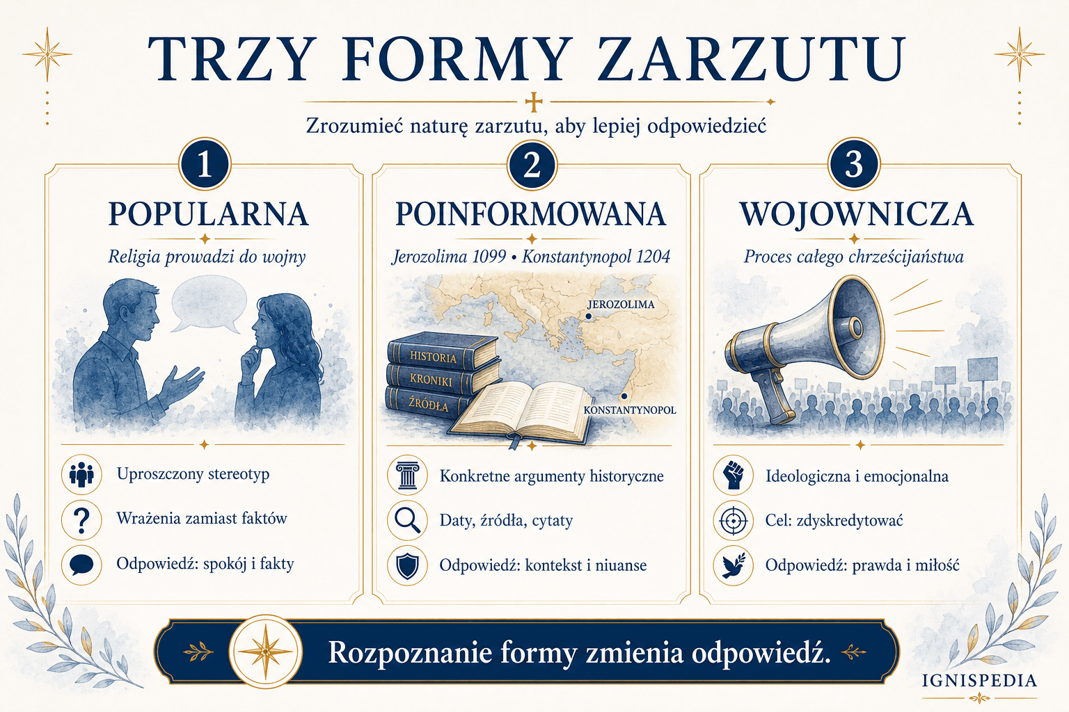 Infografika przedstawiająca trzy formy zarzutu krucjat: popularną, poinformowaną i wojowniczą