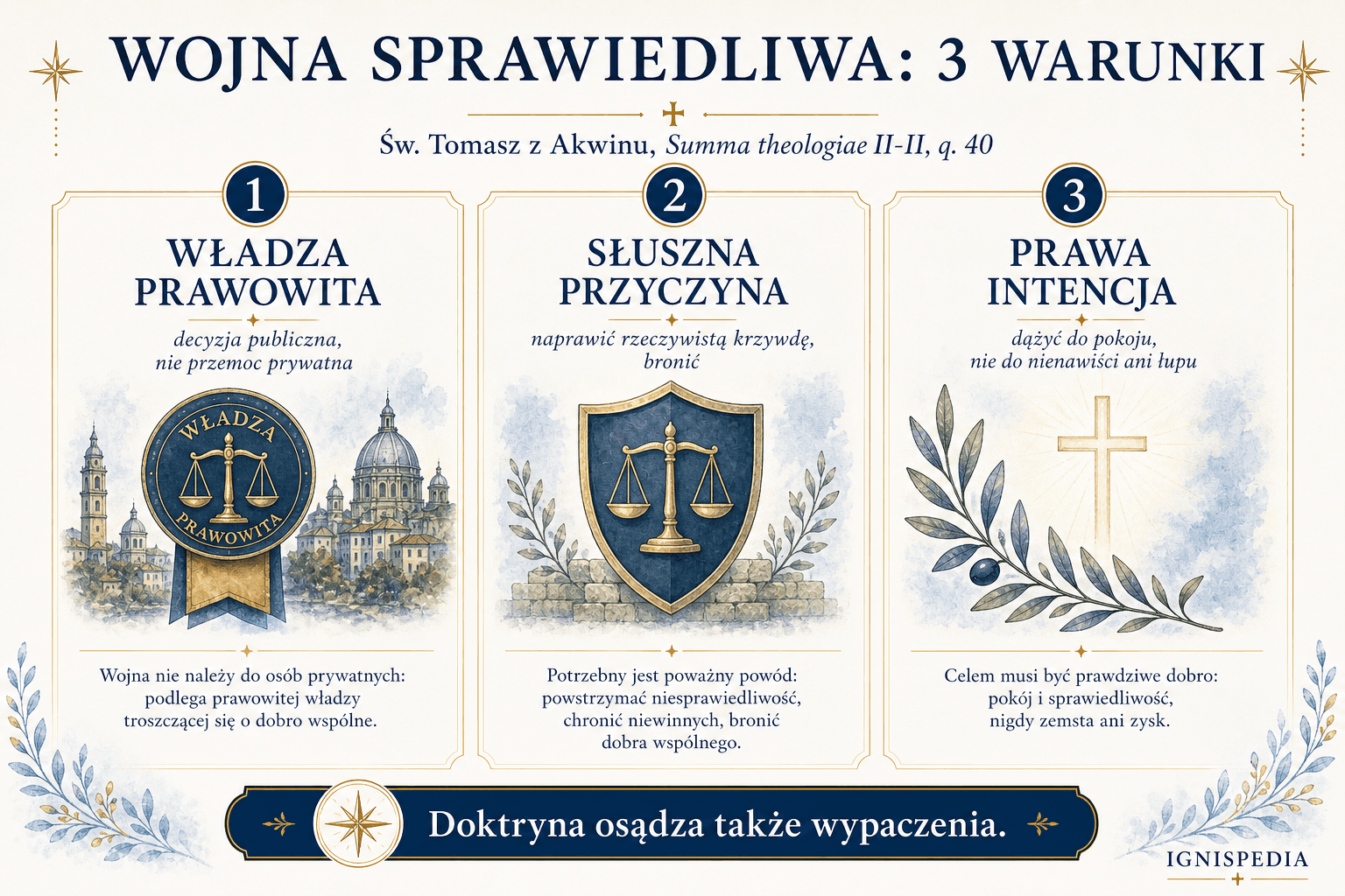 Infografika trzech warunków wojny sprawiedliwej według św. Tomasza z Akwinu: władza prawowita, słuszna przyczyna, prawa intencja