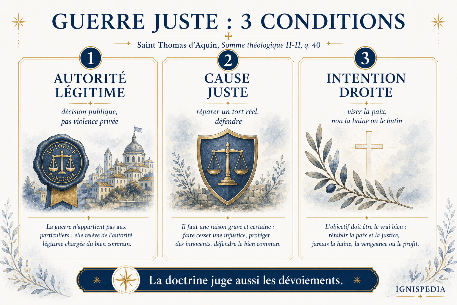 Aziz Thomas Aquinas'a göre adil savaşın üç şartının infografiği: meşru otorite, adil sebep, doğru niyet