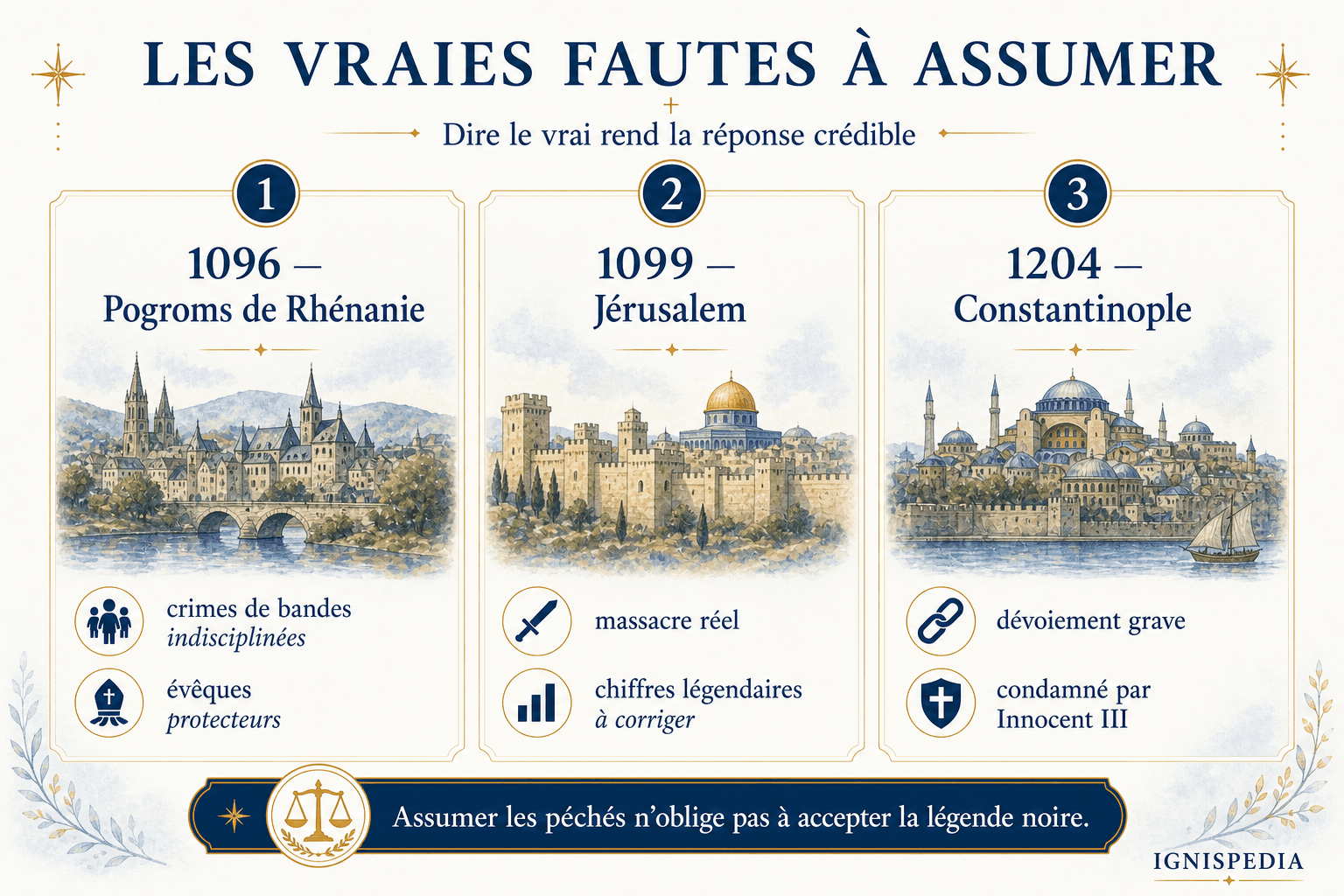 Haçlı seferleri tarihinde üstlenilecek üç gerçek hatayı sunan infografik: 1096, 1099 ve 1204