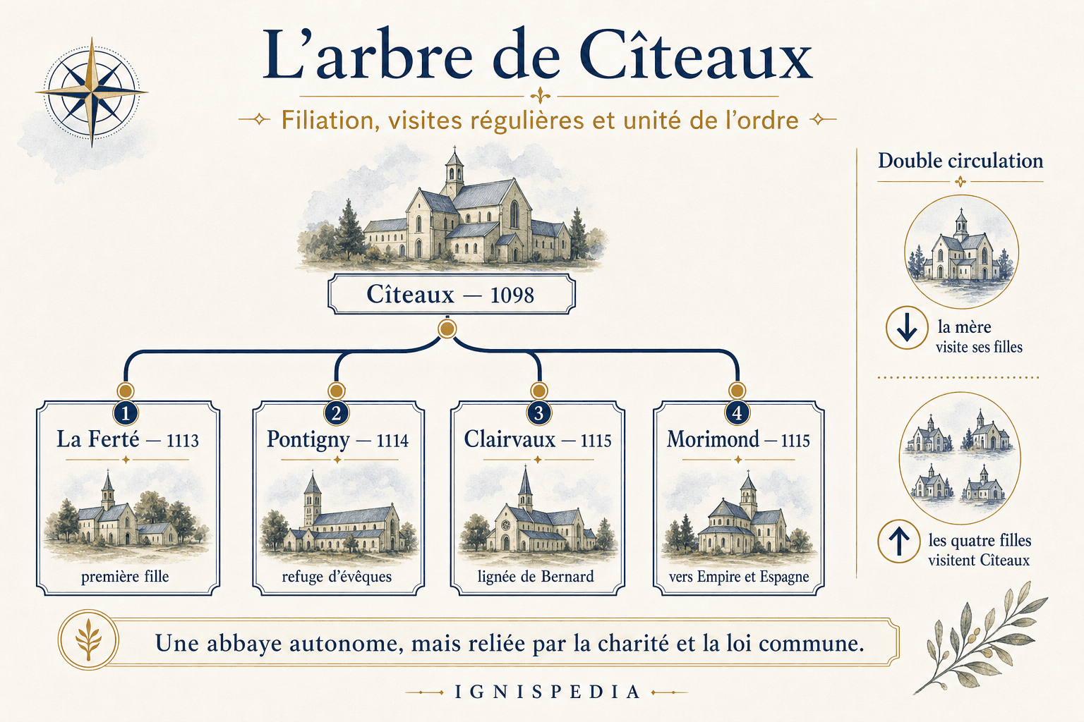 Infografik zum Filiationsbaum von Cîteaux mit La Ferté, Pontigny, Clairvaux und Morimond