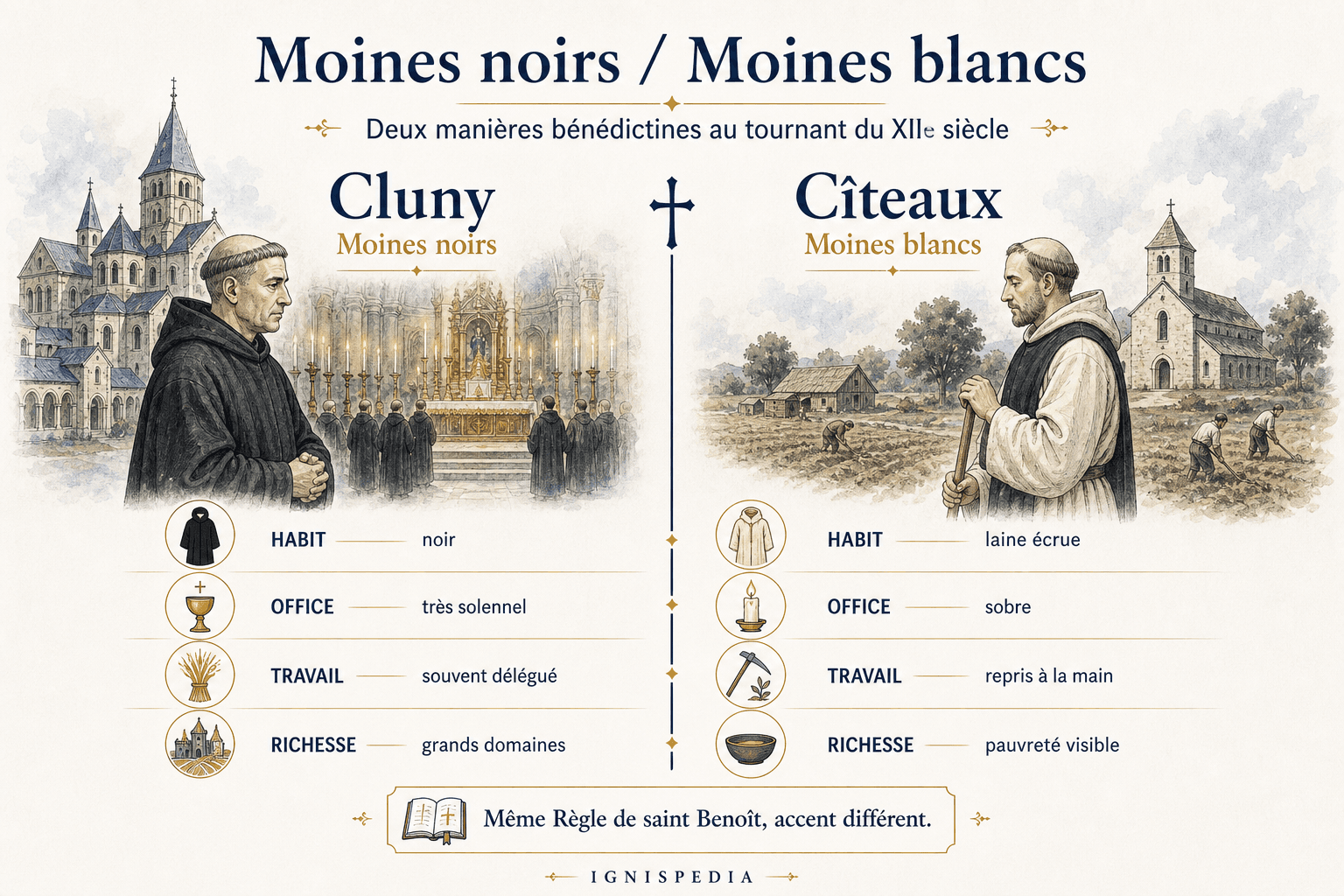 Infografik zum Vergleich der schwarzen Mönche von Cluny und der weißen Mönche von Cîteaux