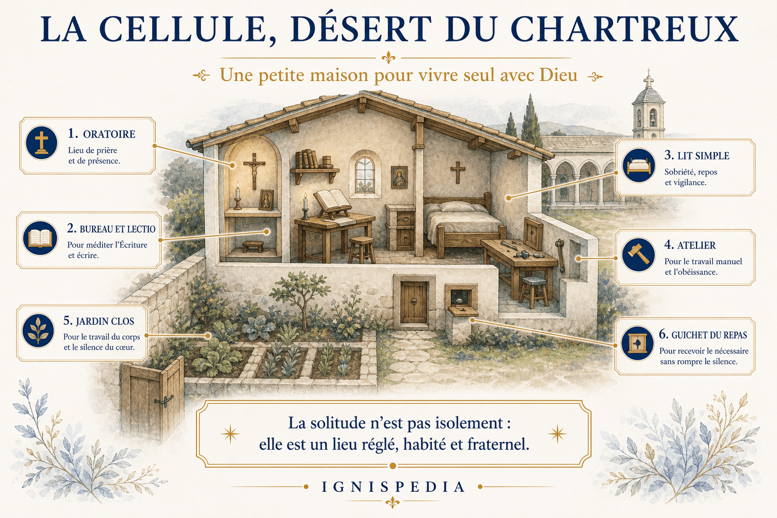 Infographie en coupe d'une cellule chartreuse avec oratoire, bureau, lit, atelier, jardin et guichet du repas