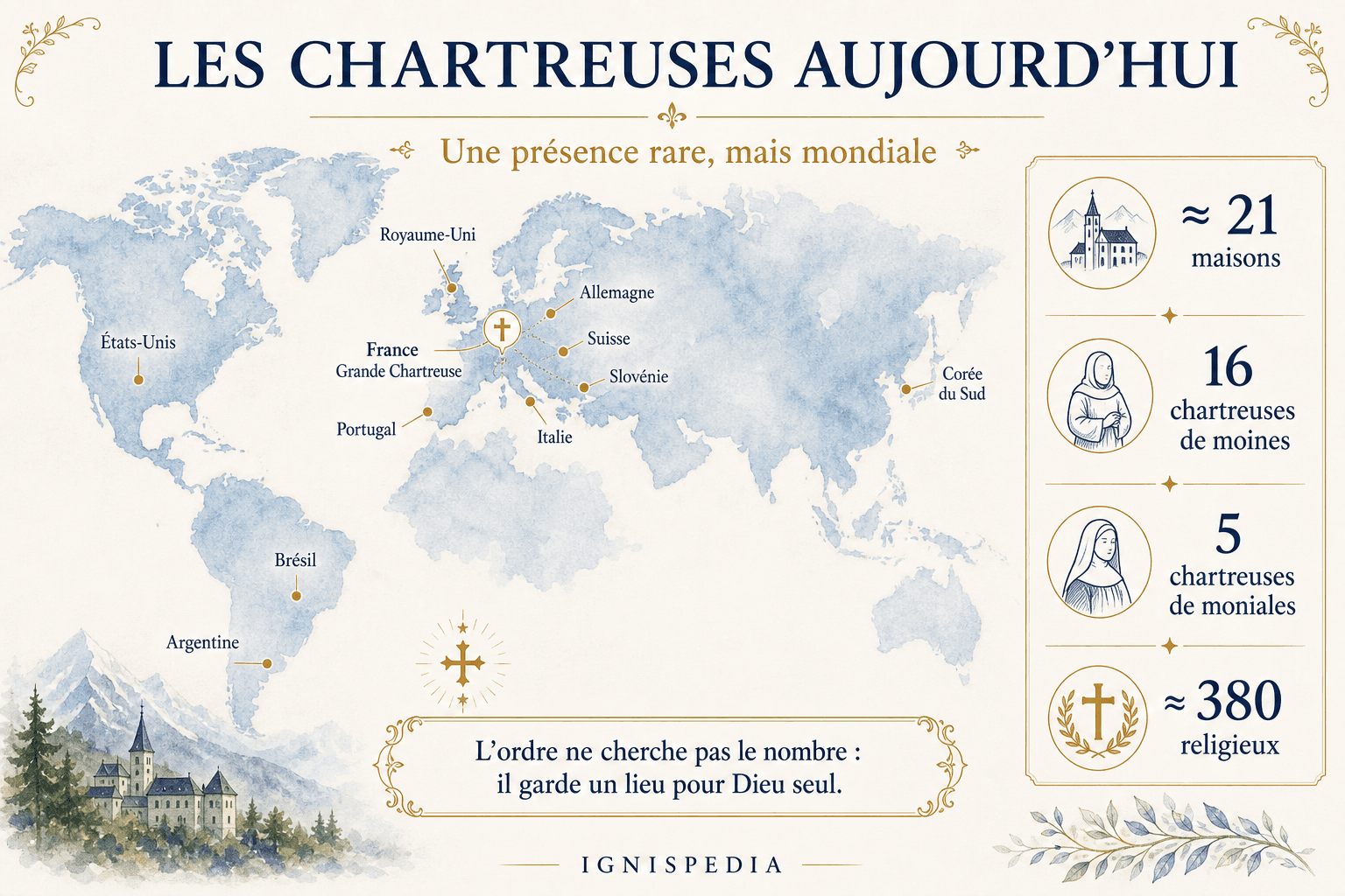 Carte infographique des chartreuses actuelles dans le monde