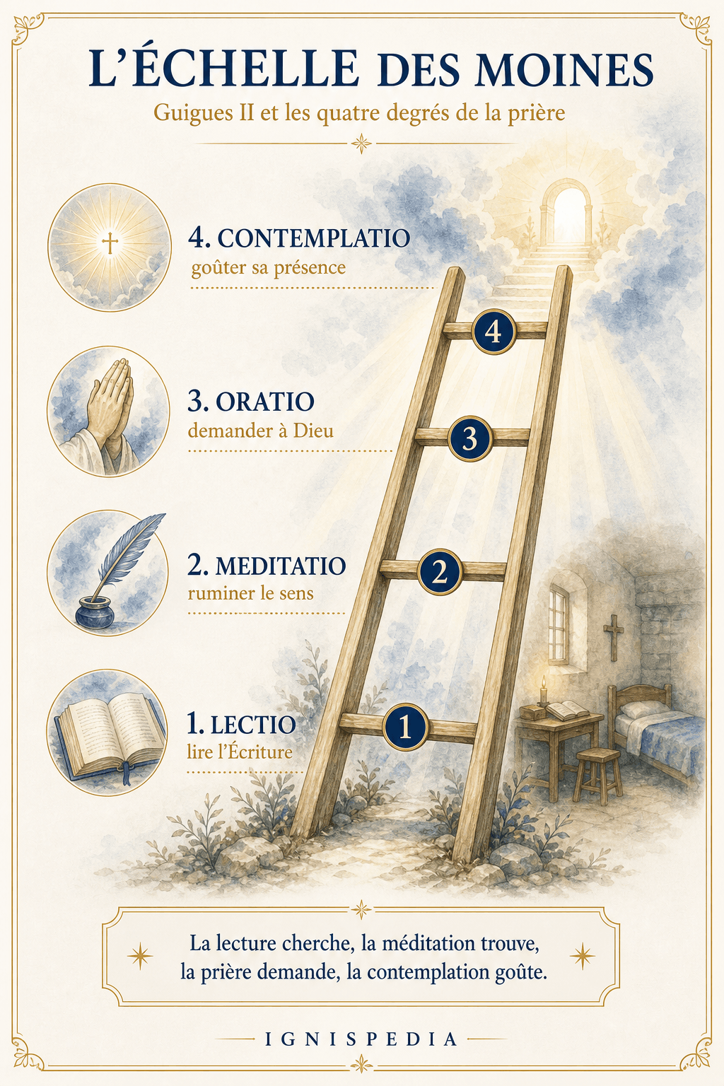 Infographie de l'Échelle des moines : lectio, meditatio, oratio, contemplatio