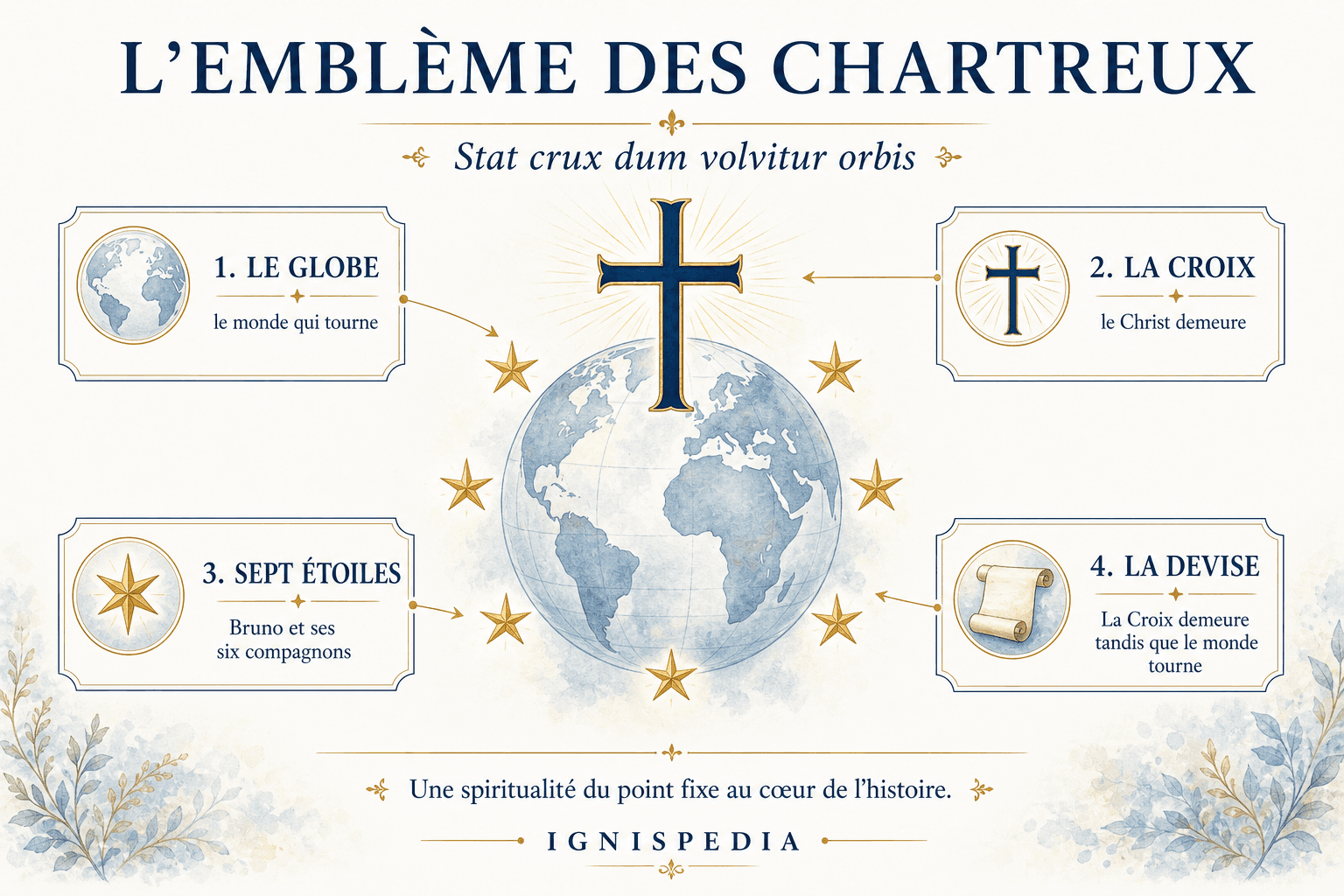 Infographie expliquant l'emblème cartusien : globe, croix, sept étoiles et devise Stat crux dum volvitur orbis