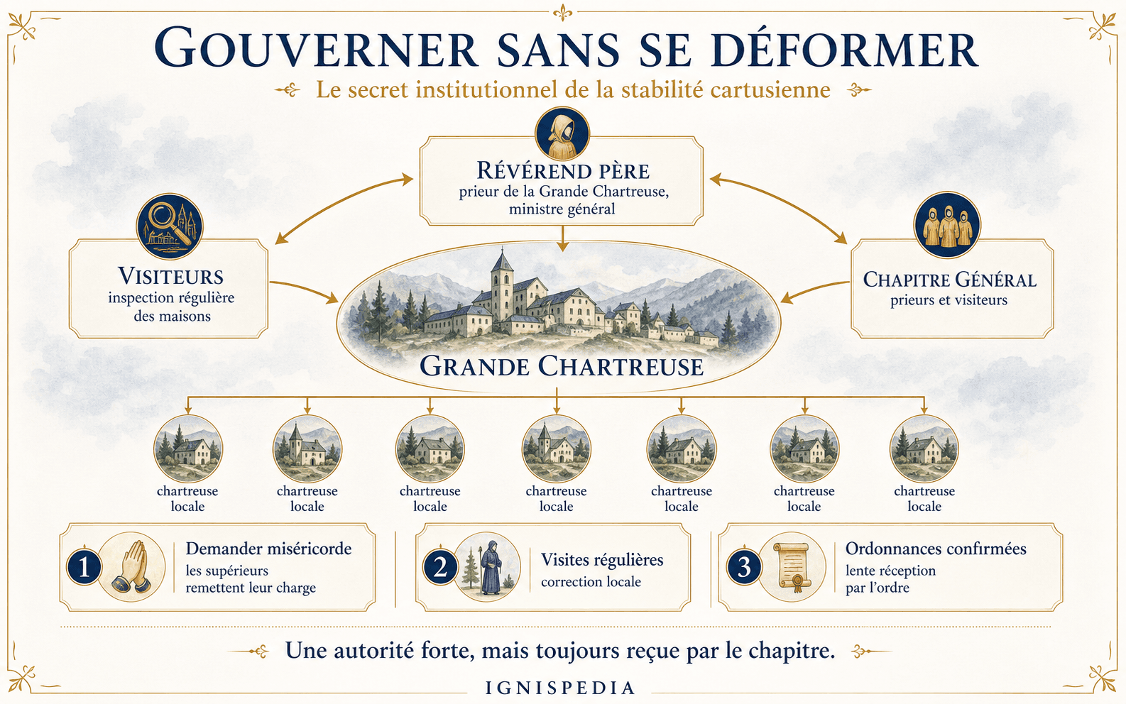 Schéma du gouvernement cartusien : Révérend Père, Grande Chartreuse, chapitre général, visiteurs et chartreuses locales