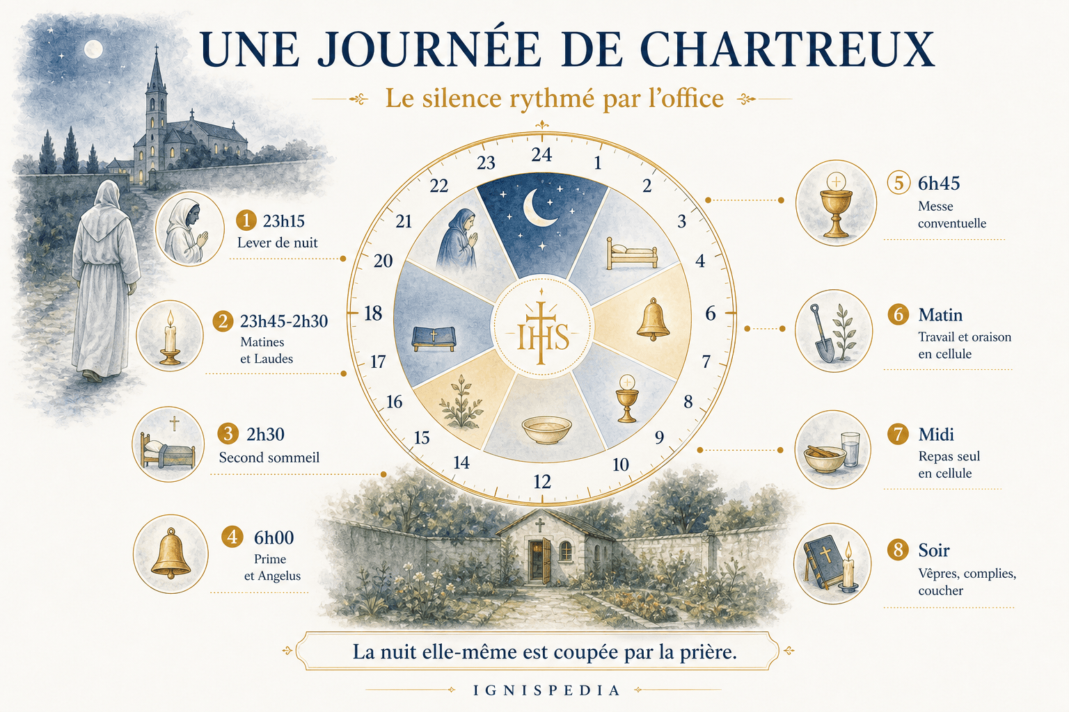 Infographie circulaire d'une journée de chartreux, du lever de nuit aux complies