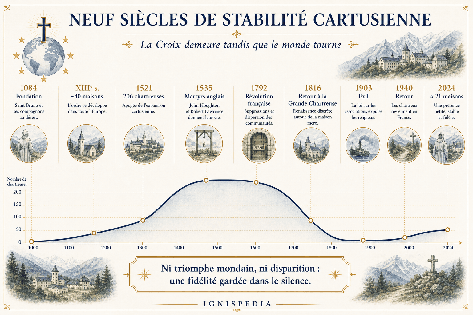 Infographie historique des neuf siècles de stabilité cartusienne, de 1084 à 2024