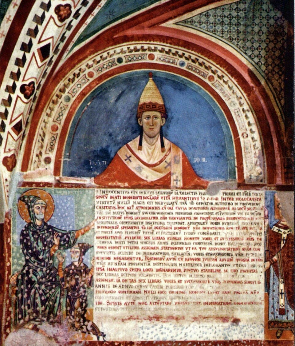 Fresko aus dem 13. Jahrhundert im Sacro Speco von Subiaco, das Papst Innozenz III. zeigt