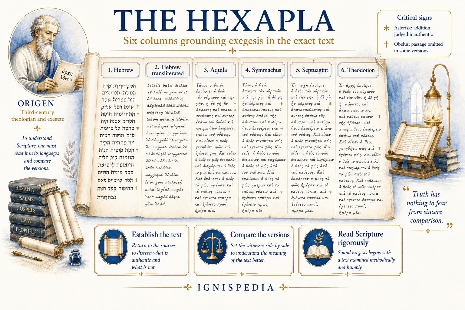 Diagram of the six columns of Origen’s Hexapla: Hebrew, Hebrew transliteration, Aquila, Symmachus, Septuagint, and Theodotion