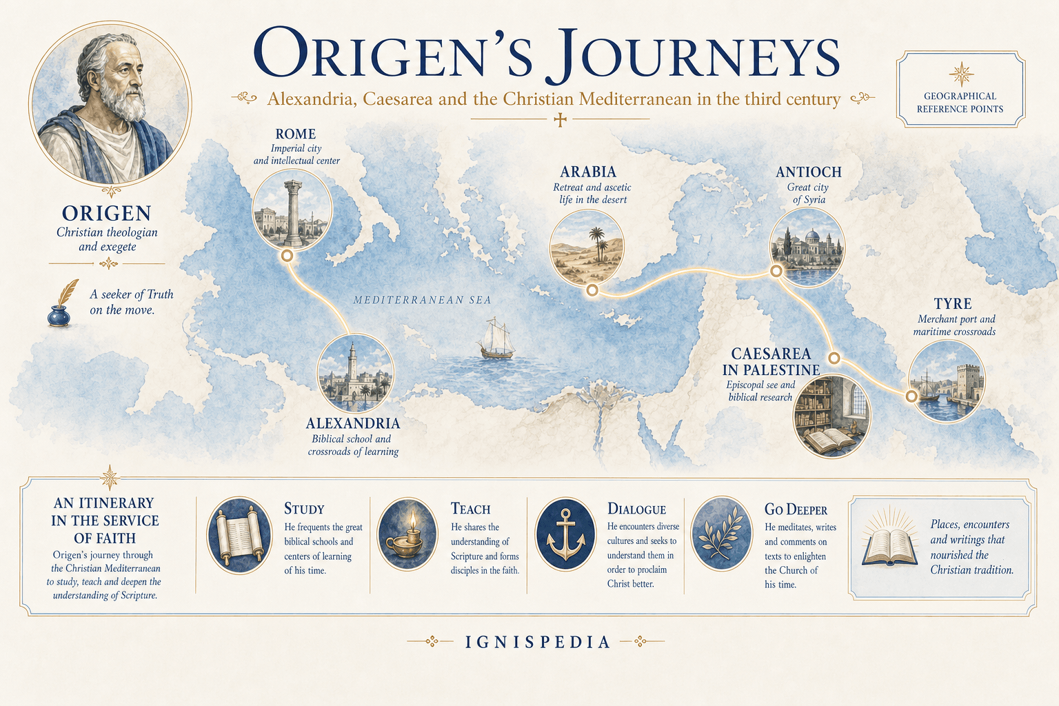 Infographic map of Origen’s travels between Alexandria, Rome, Arabia, Antioch, Caesarea in Palestine, and Tyre