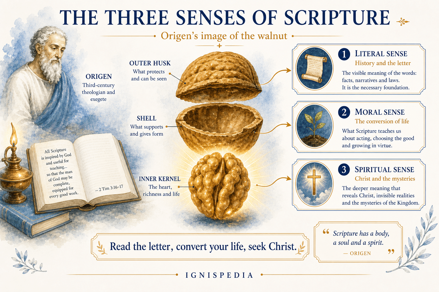 Infographic of the three senses of Scripture according to Origen illustrated by the image of a walnut