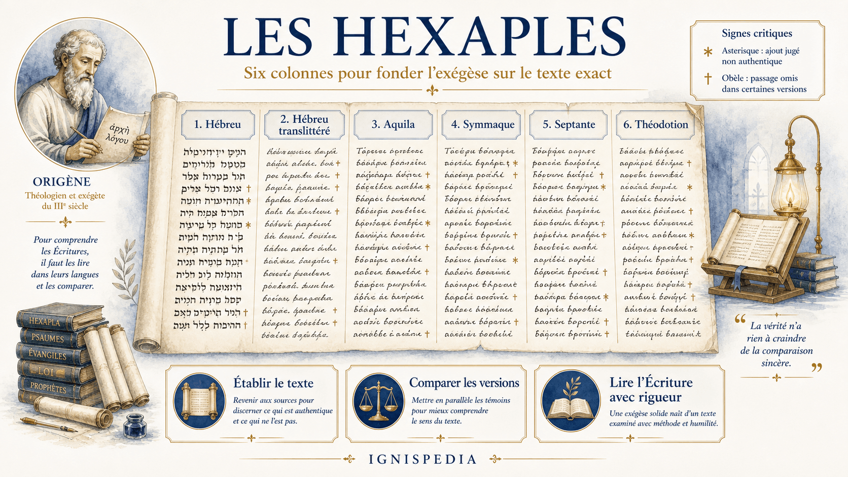 Schéma des six colonnes des Hexaples d'Origène : hébreu, hébreu translittéré, Aquila, Symmaque, Septante et Théodotion
