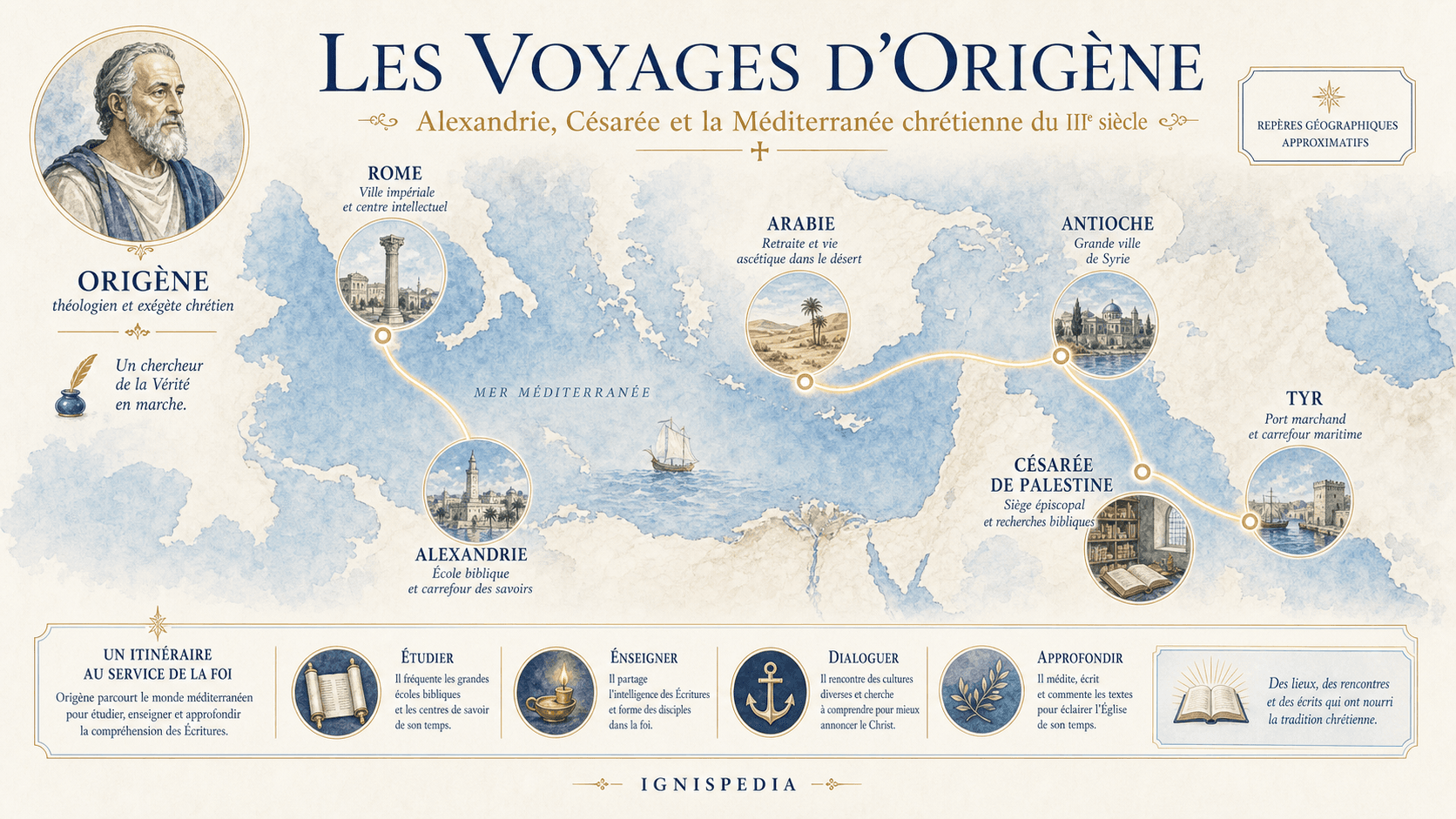 Carte infographique des voyages d'Origène entre Alexandrie, Rome, Arabie, Antioche, Césarée de Palestine et Tyr