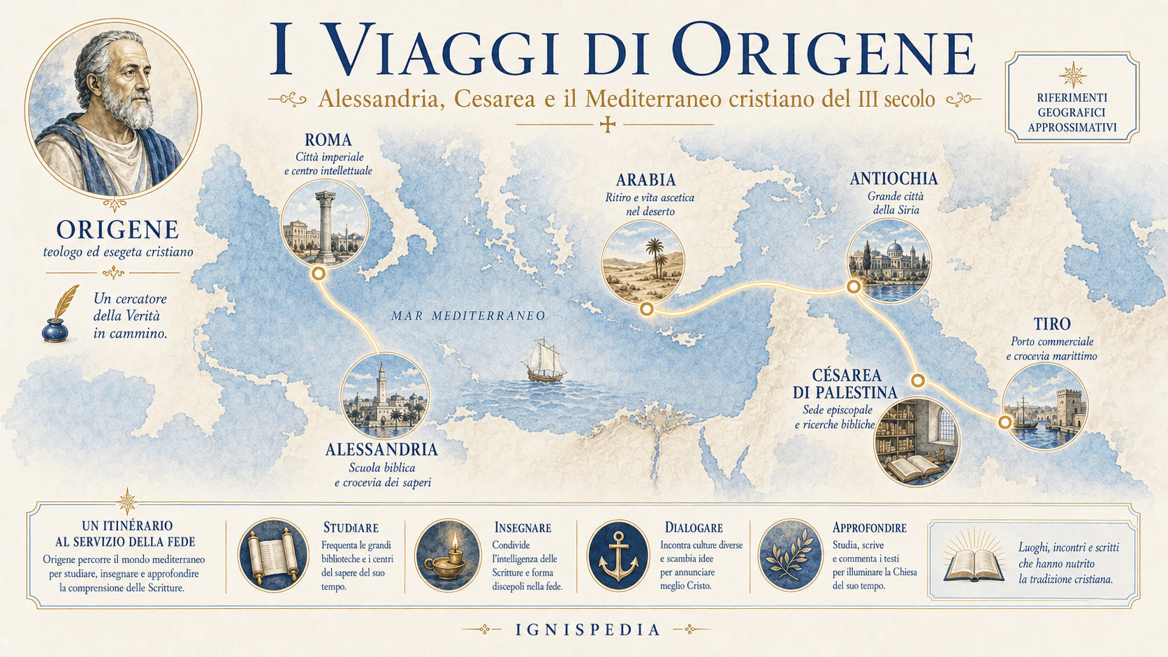 Mappa infografica dei viaggi di Origene tra Alessandria, Roma, Arabia, Antiochia, Cesarea di Palestina e Tiro