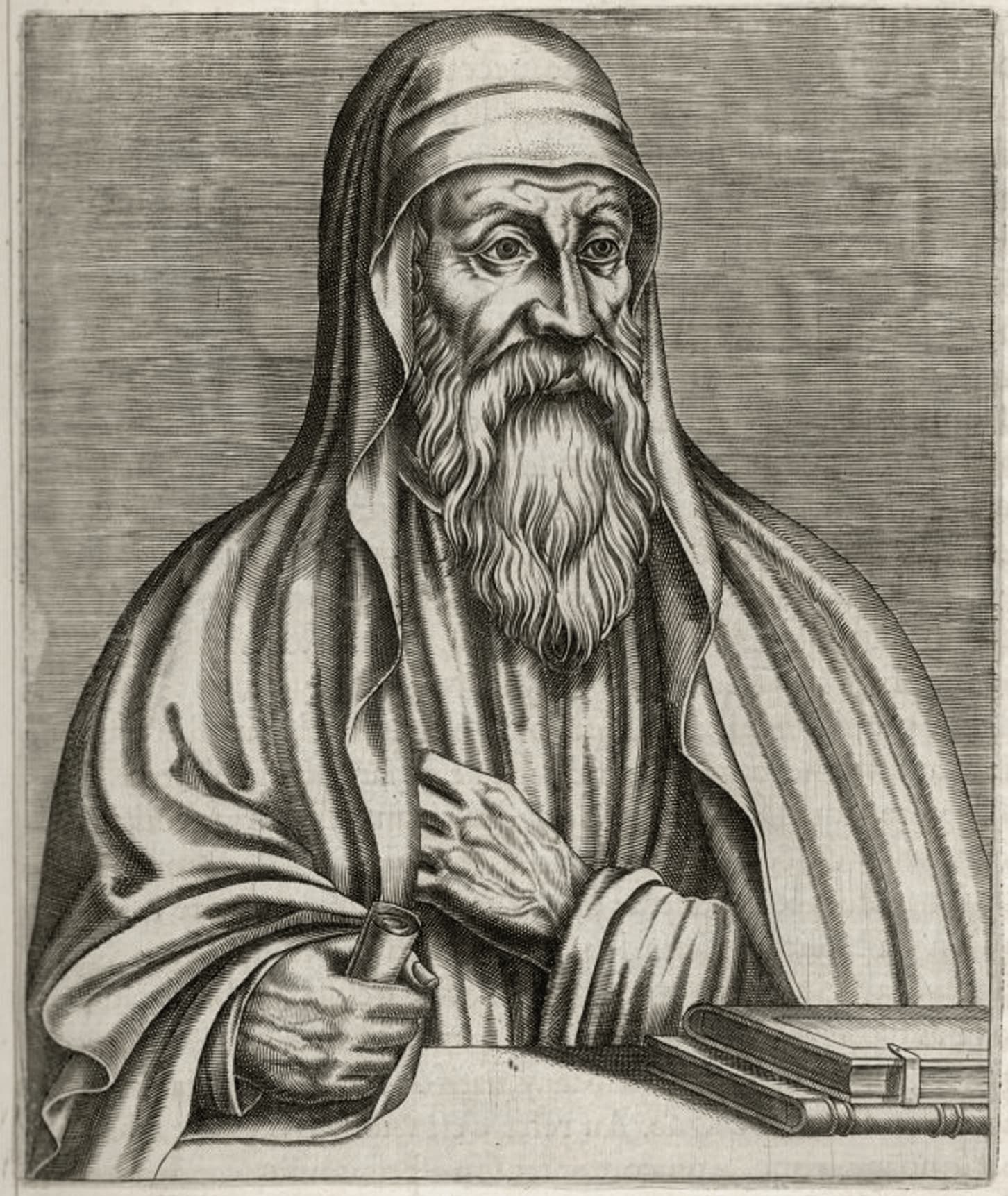 Antica incisione raffigurante Origene di Alessandria, pubblicata da Guillaume Chaudière nel 1584