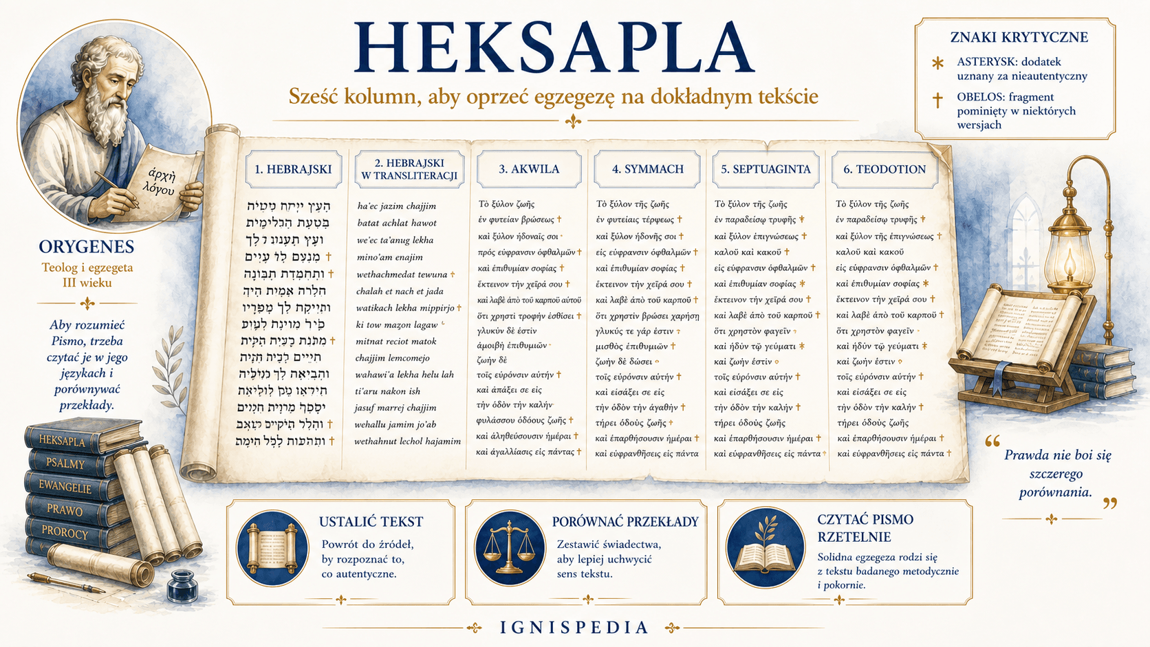 Schemat sześciu kolumn Heksapli Orygenesa: hebrajski, hebrajski transliterowany, Akwila, Symmach, Septuaginta i Teodocjon