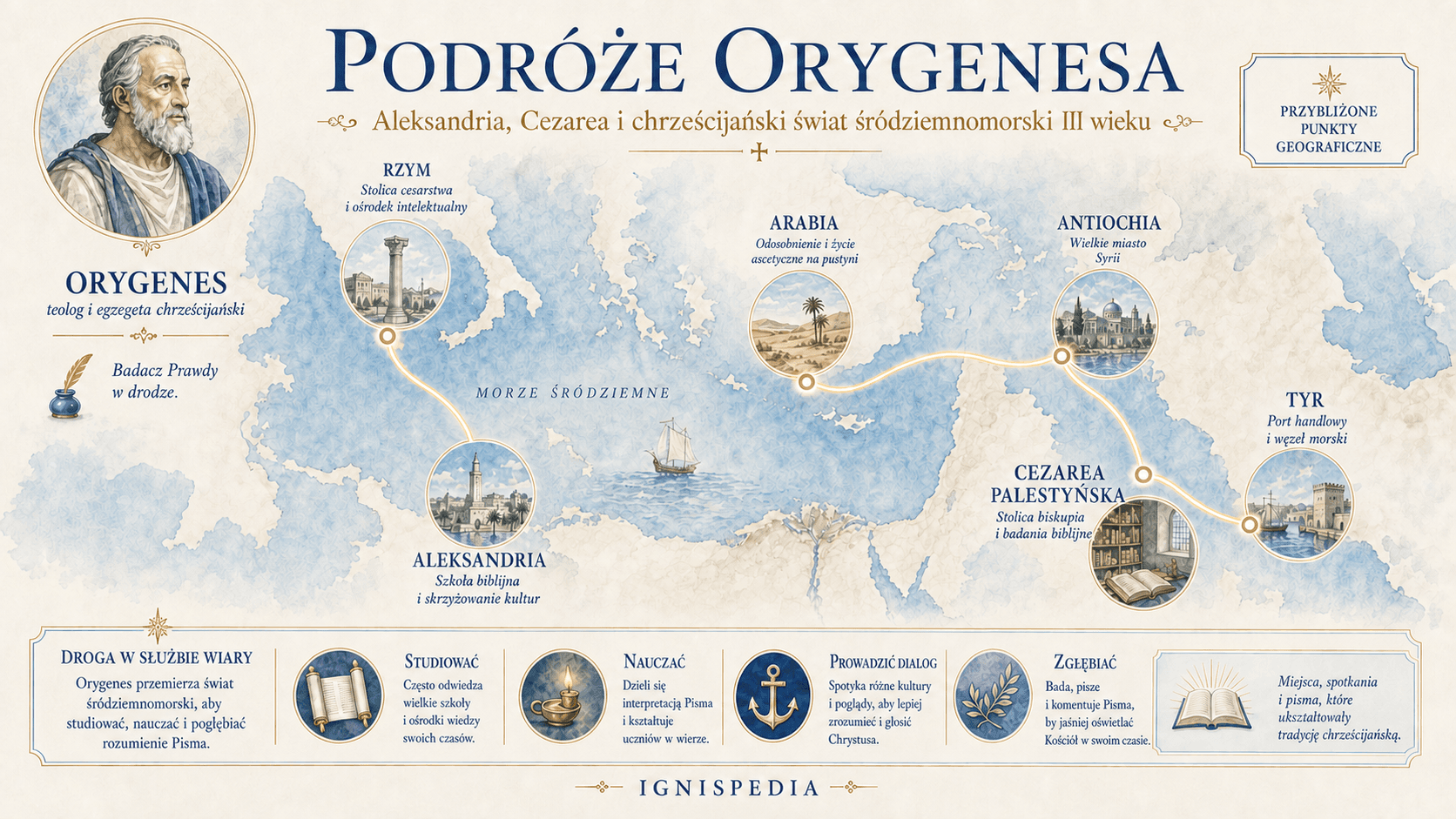 Infograficzna mapa podróży Orygenesa między Aleksandrią, Rzymem, Arabią, Antiochią, Cezareą Palestyńską i Tyrem