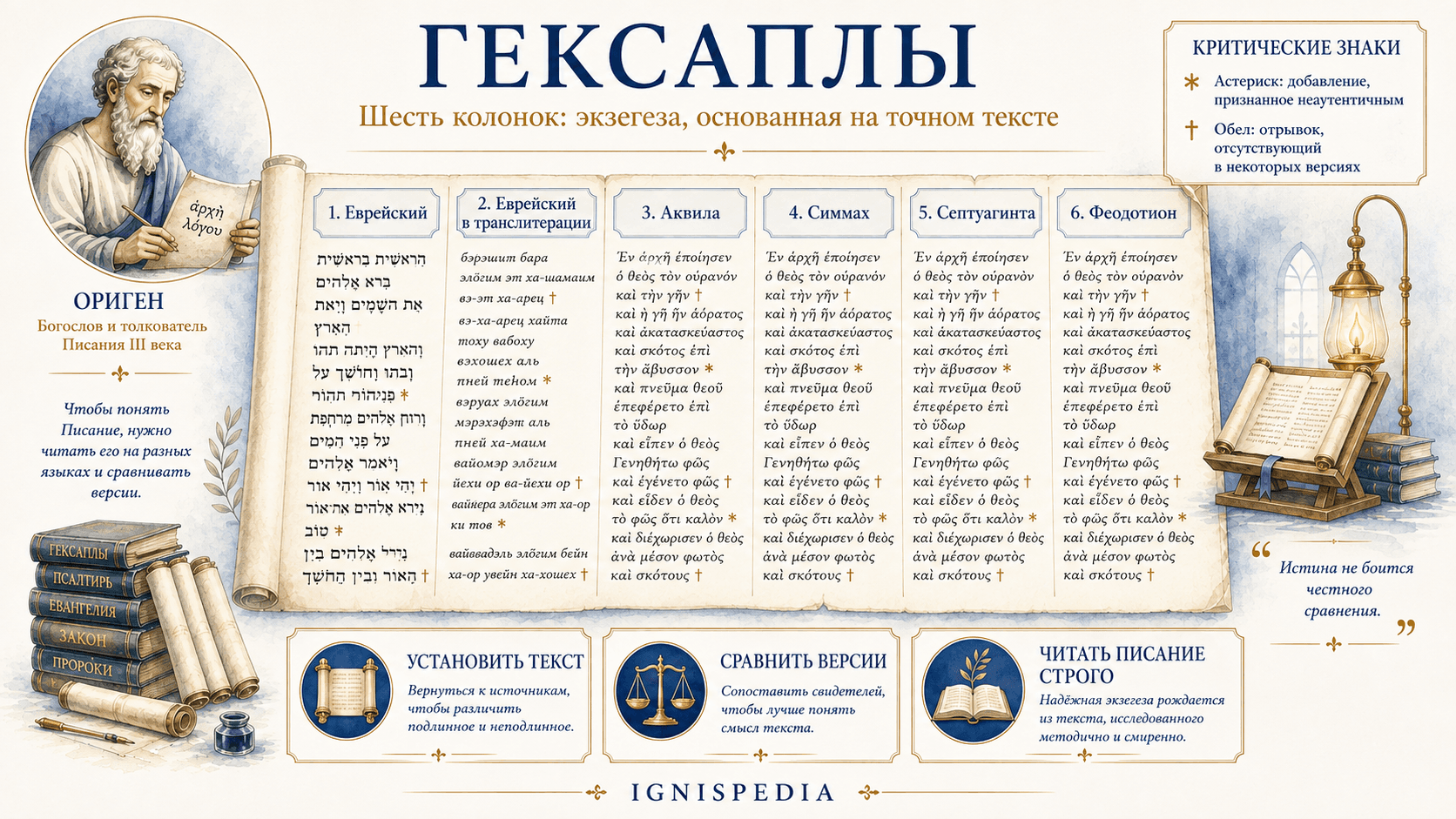 Схема шести колонн Гексапл Оригена: еврейский, еврейский транслитерированный, Акила, Симмах, Септуагинта и Феодотион