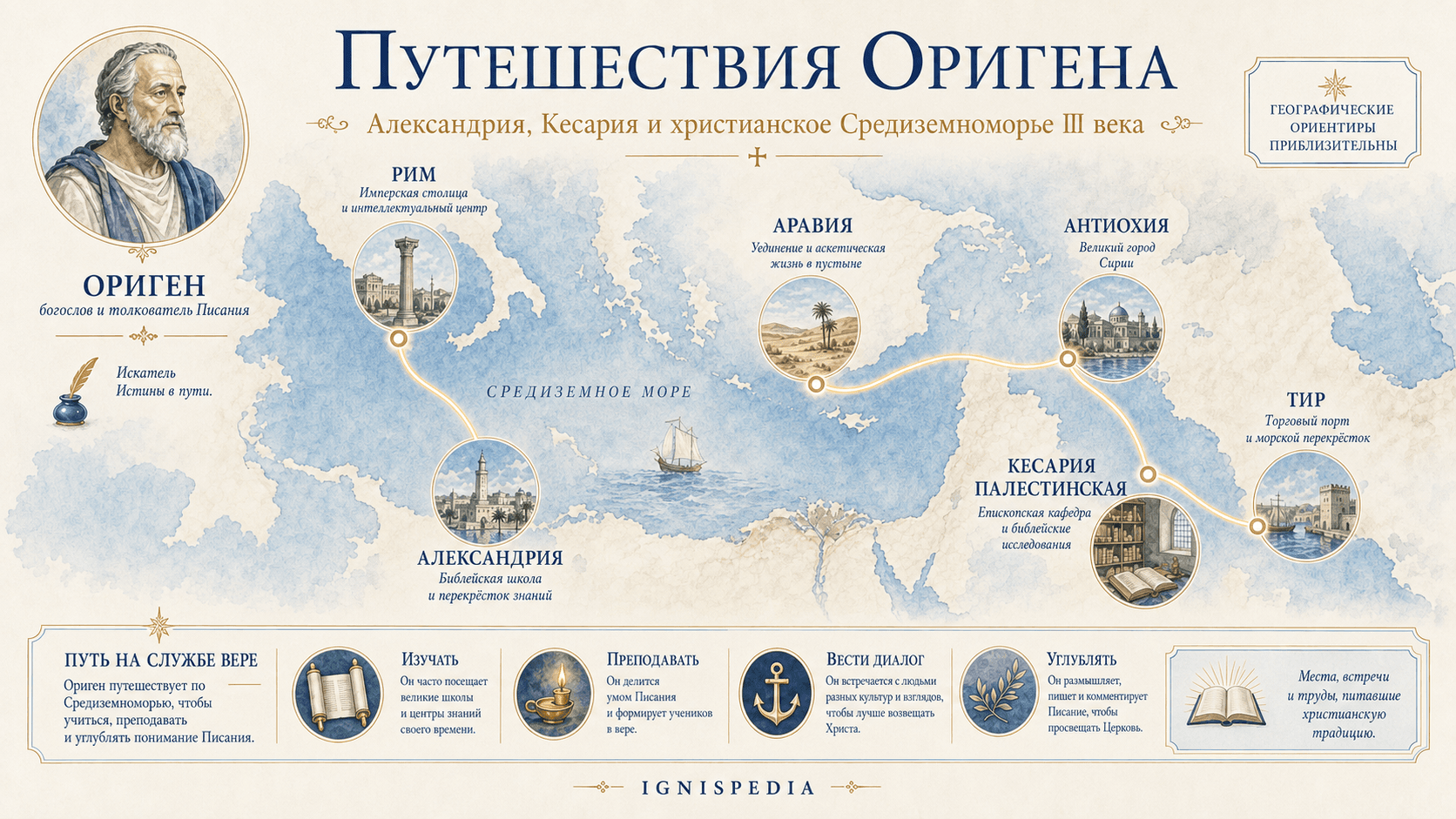 Инфографическая карта путешествий Оригена между Александрией, Римом, Аравией, Антиохией, Кесарией Палестинской и Тиром
