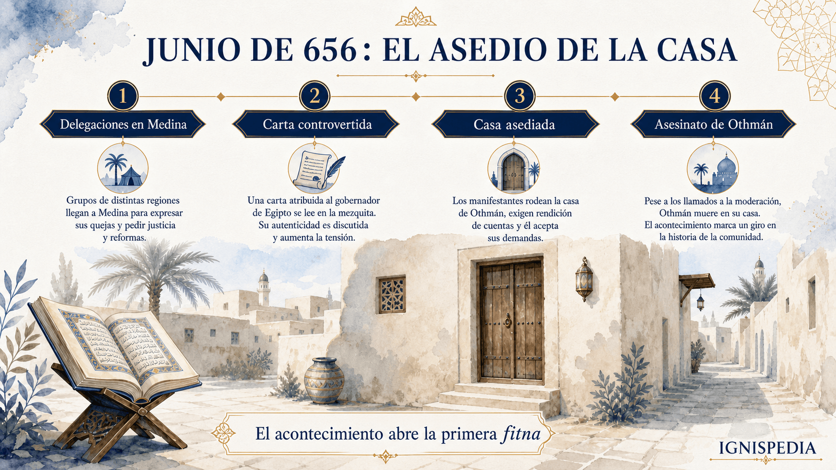 Infografía cronológica del asedio de la casa de Othmán en Medina en junio de 656