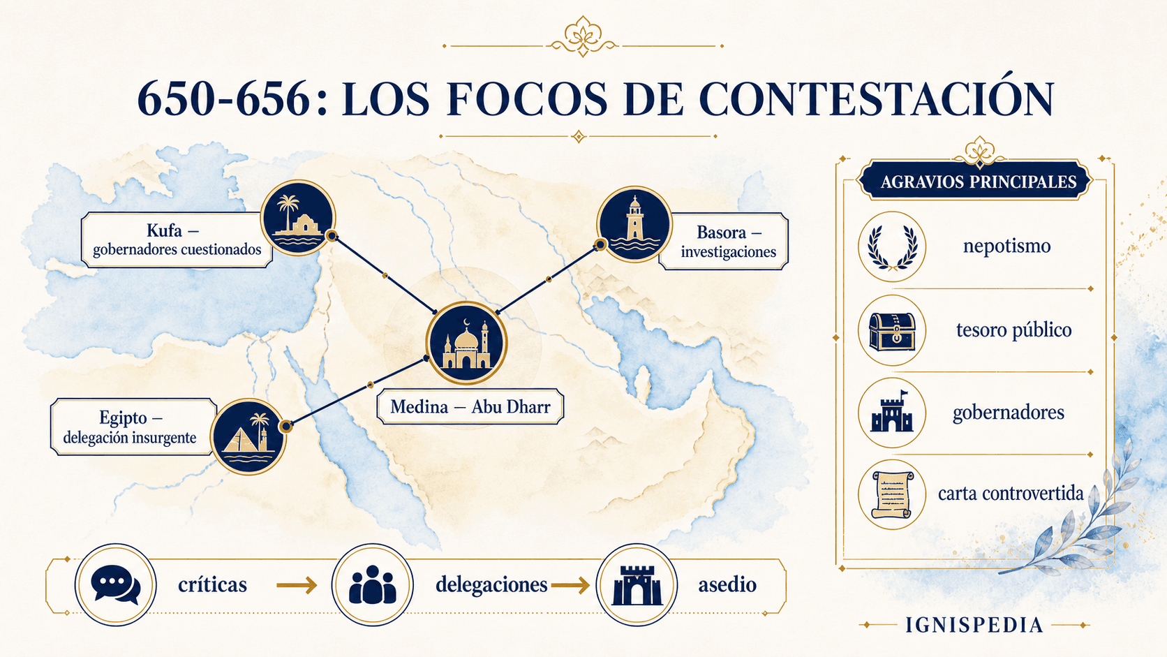 Infografía de los focos de oposición al califato de Othmán: Medina, Kufa, Basora y Egipto