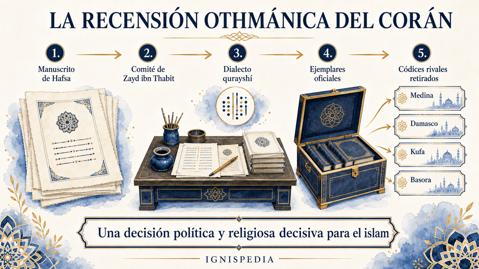 Infografía del proceso de recensión coránica bajo Othmán, desde la copia de Hafsa hasta los códices oficiales