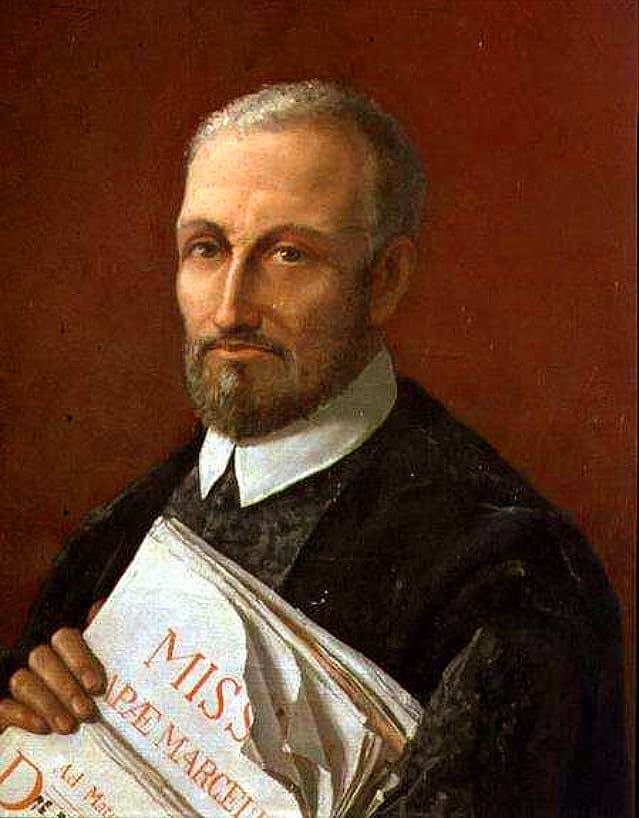 Old portrait of Giovanni Pierluigi da Palestrina holding a book of Masses