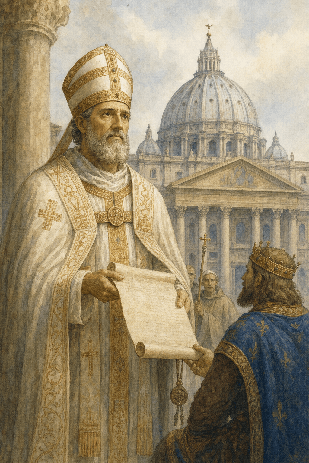 Ilustración en acuarela del Papa Adriano I recibiendo a Carlomagno frente a San Pedro