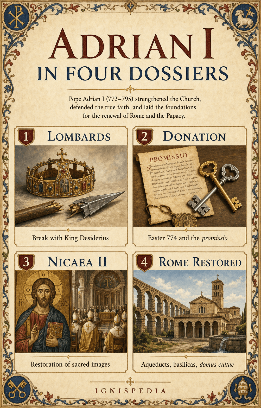 Infographic presenting the four major files of the pontificate of Adrian I: Lombards, donation, Nicaea II and restoration of Rome