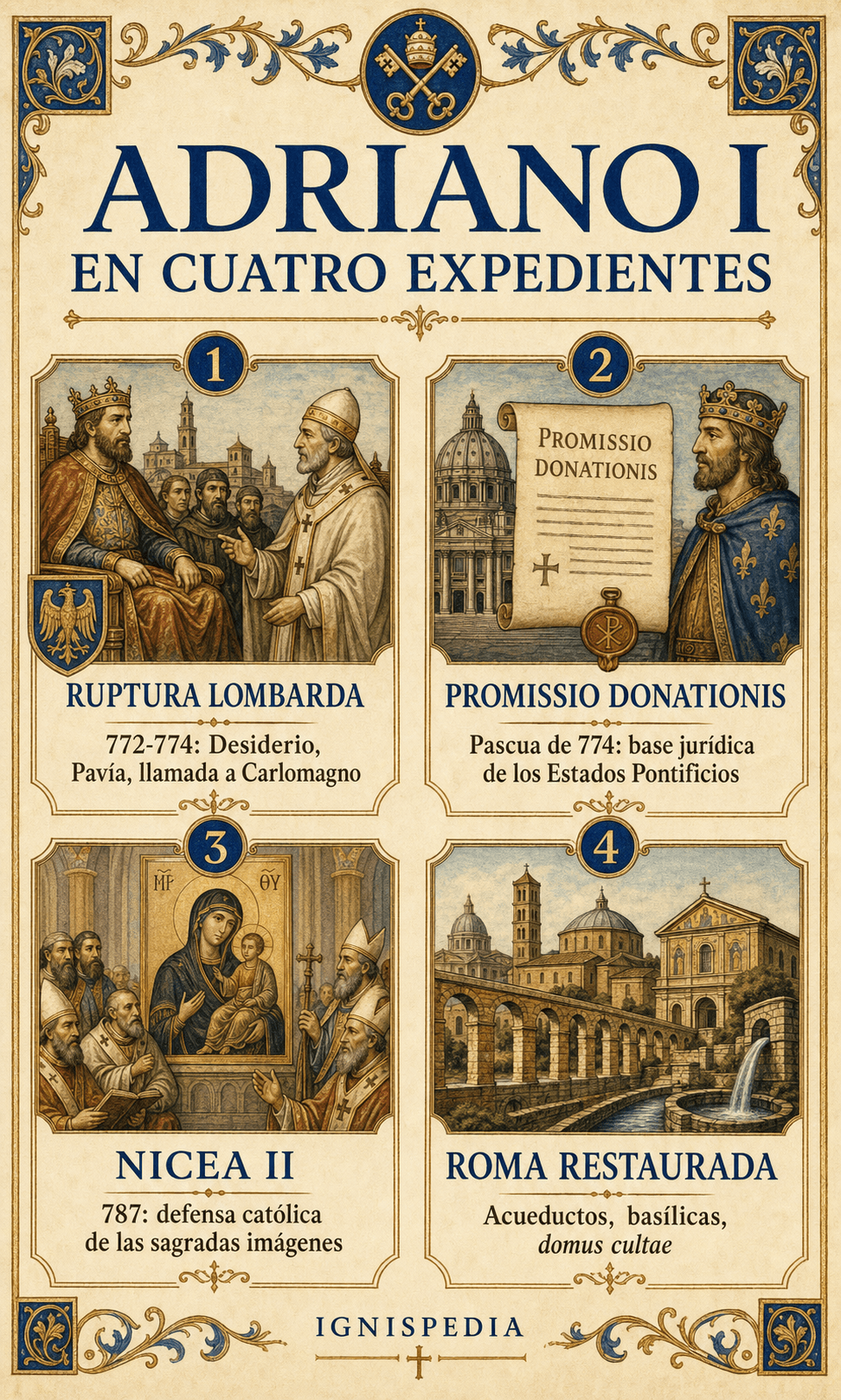 Infografía que presenta los cuatro grandes expedientes del pontificado de Adriano I: lombardos, donación, Nicea II y restauración de Roma