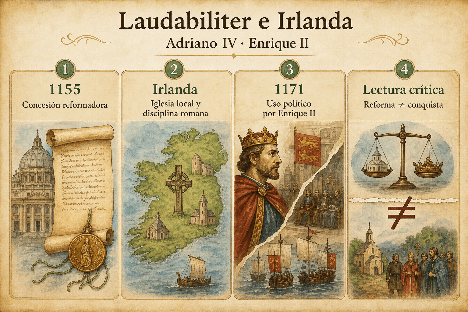 Infografía sobre Laudabiliter e Irlanda, desde la petición de Enrique II hasta la relectura crítica moderna