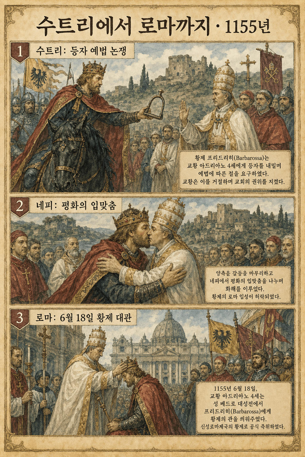 수트리의 세 장면으로 구성된 인포그래픽, 네피에 대한 경의, 1155년 하드리아노 4세의 프리드리히 바르바로사의 제국 대관식