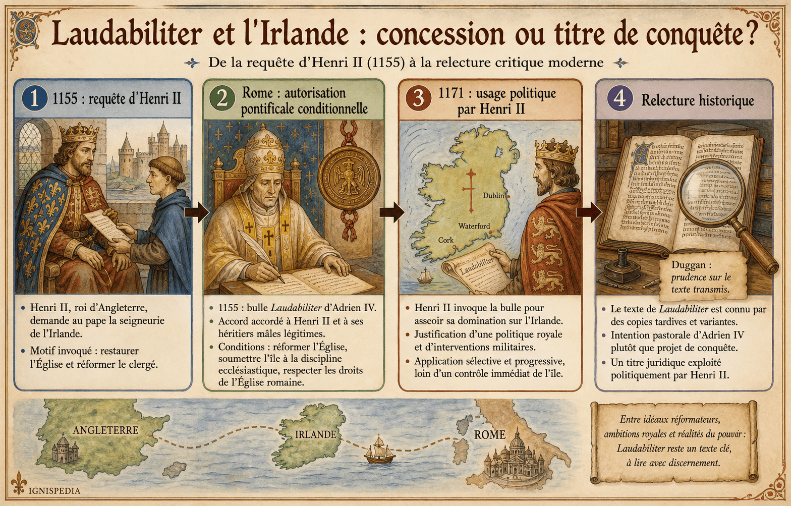 Infographie sur Laudabiliter et l'Irlande, de la requête d'Henri II à la relecture critique moderne